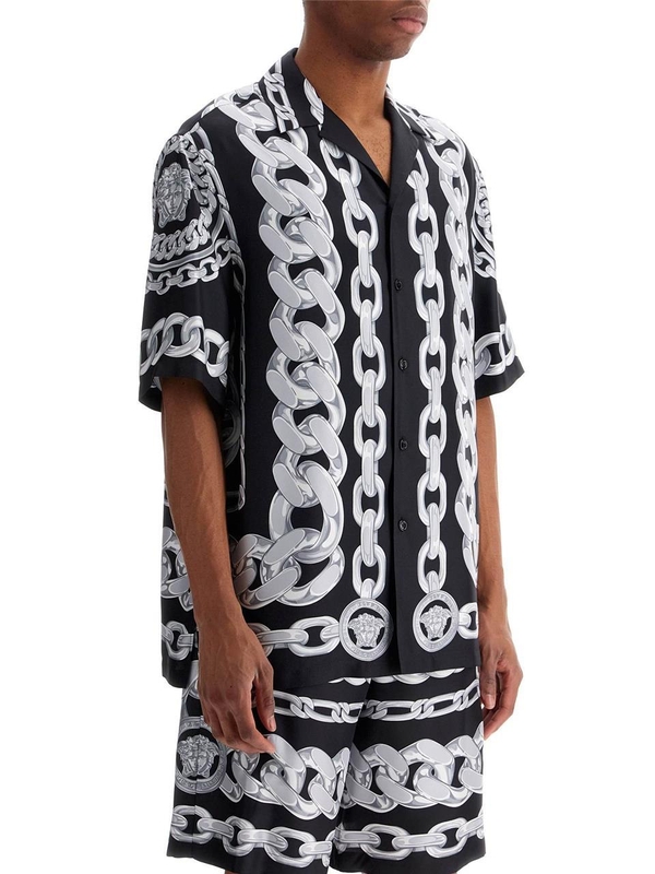 베르사체 SS25 printed silk medusa chains bowling shirt 1003926 1A13397 BLACK+SILVER