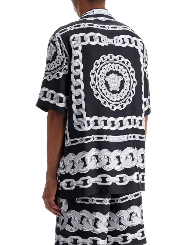 베르사체 SS25 printed silk medusa chains bowling shirt 1003926 1A13397 BLACK+SILVER