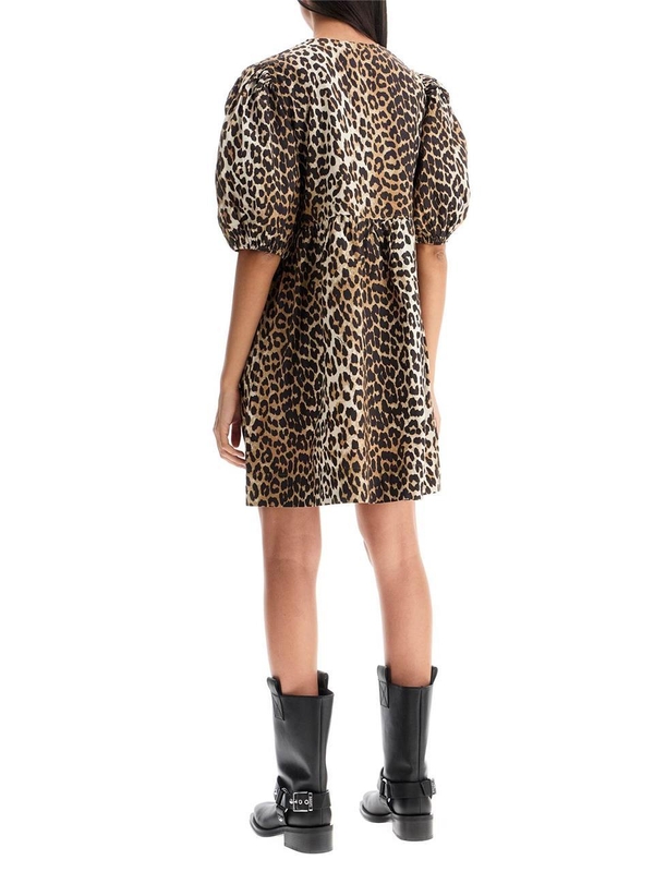 가니 SS25 printed tie string poplin mini dress F9758 LEOPARD