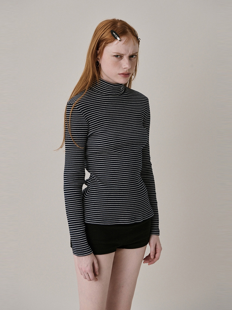 New Logo Stripe Turtleneck T-shirt_Navy