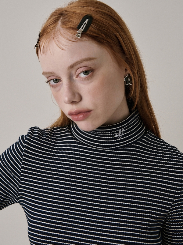 New Logo Stripe Turtleneck T-shirt_Navy