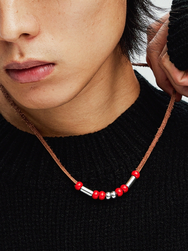 leather & turquoise beads necklace brown