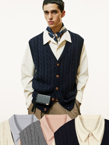 [SET] sunday cabel knit vest & drapery shirt set