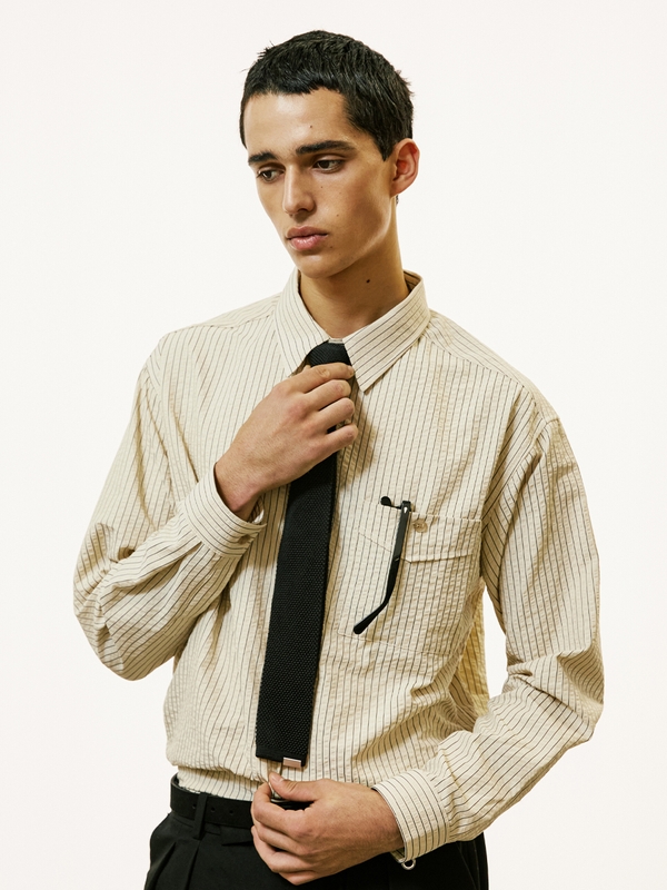 [SET] everyday stripe shirt & square tip knit tie ivory