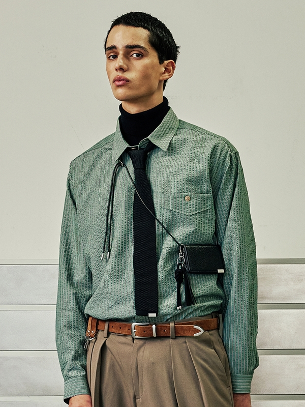 [SET] everyday stripe shirt & square tip knit tie green