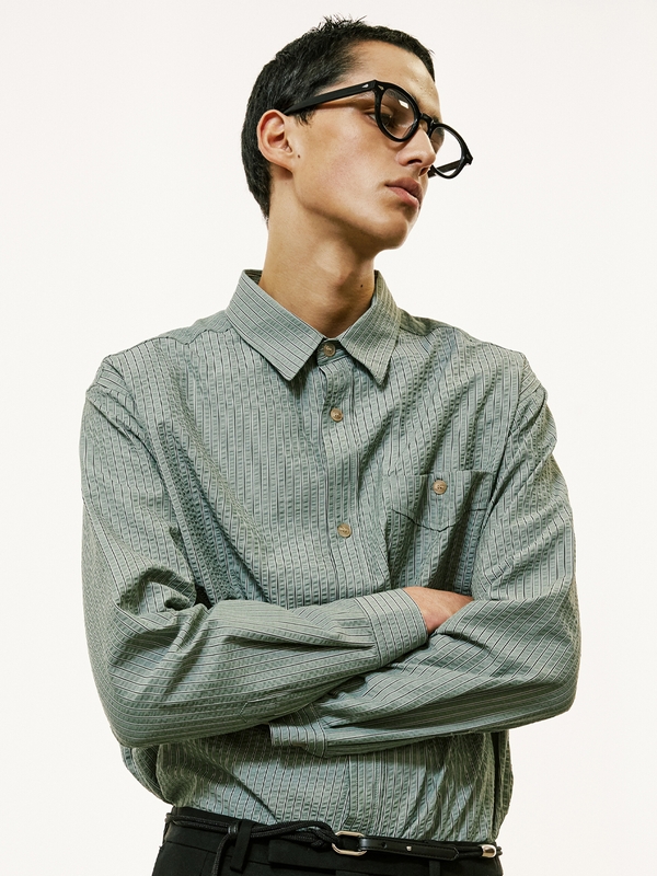 [SET] everyday stripe shirt & square tip knit tie green