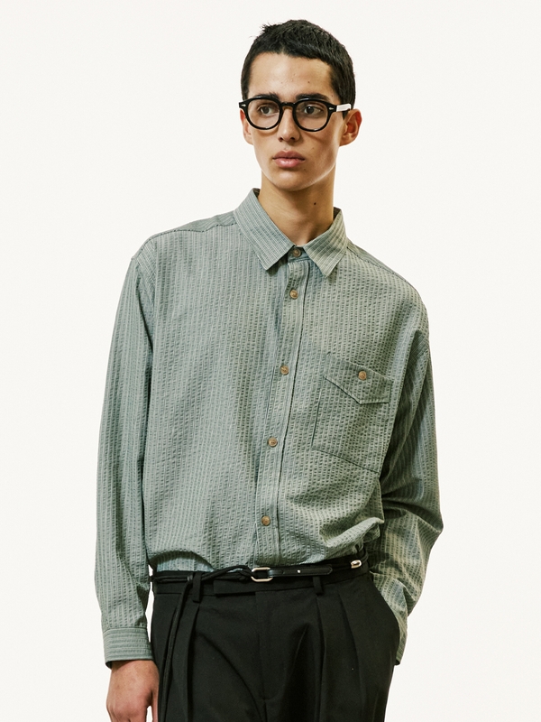 [SET] everyday stripe shirt & square tip knit tie green