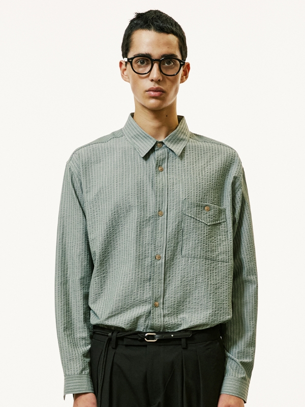 [SET] everyday stripe shirt & square tip knit tie green