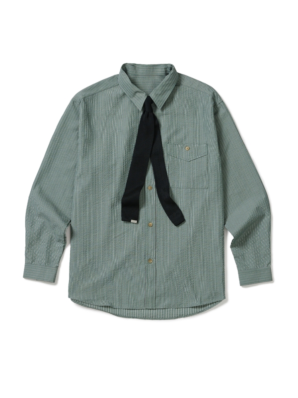 [SET] everyday stripe shirt & square tip knit tie green