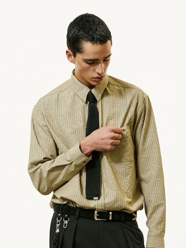 [SET] everyday stripe shirt & square tip knit tie olive