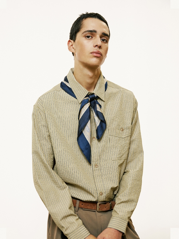 [SET] everyday stripe shirt & square tip knit tie olive