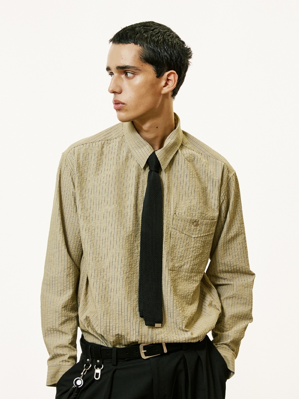 [SET] everyday stripe shirt & square tip knit tie olive