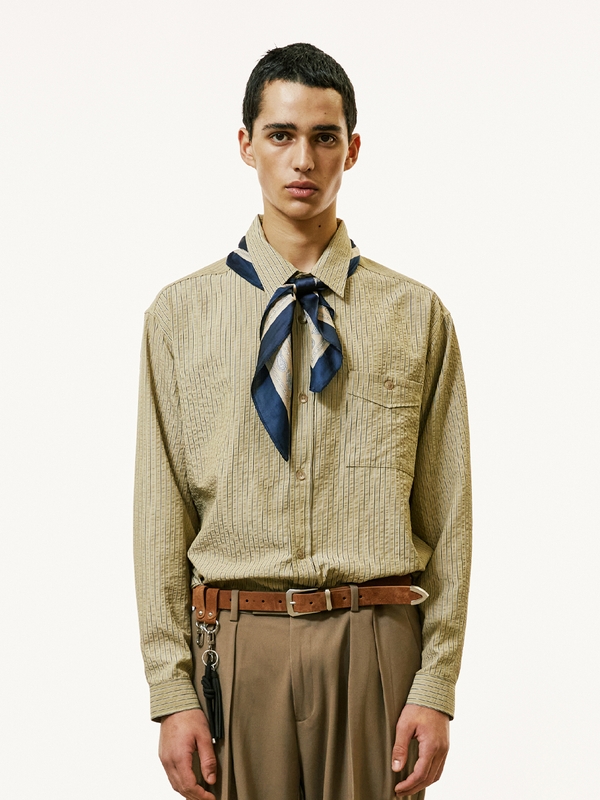 [SET] everyday stripe shirt & square tip knit tie olive