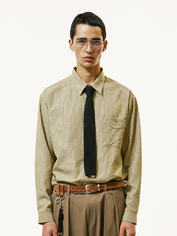 [SET] everyday stripe shirt & square tip knit tie olive