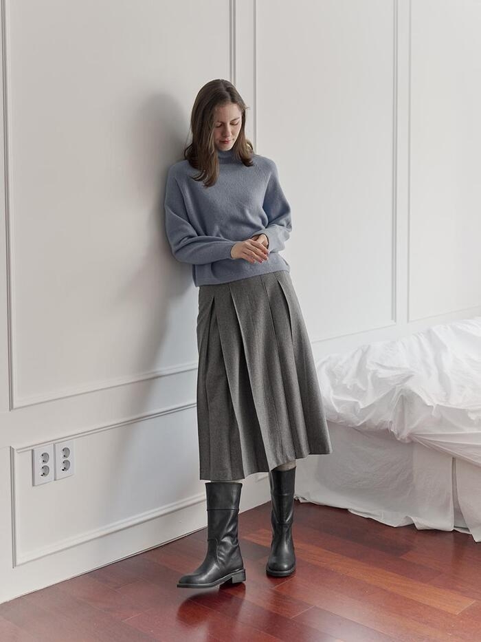 WOOL100 PLEATS MIDI SKIRT_GREY