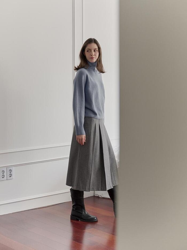 WOOL100 PLEATS MIDI SKIRT_GREY