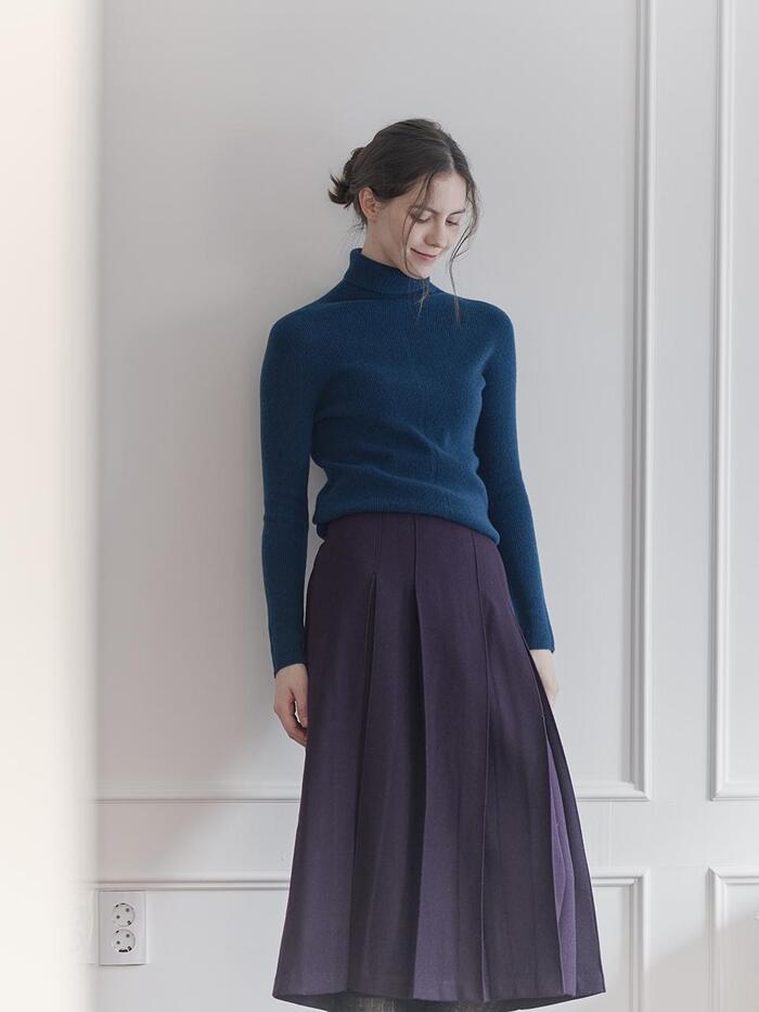 WOOL100 PLEATS MIDI SKIRT_PURPLE