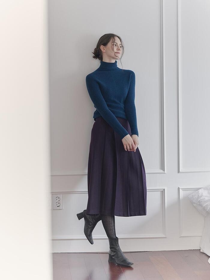 WOOL100 PLEATS MIDI SKIRT_PURPLE