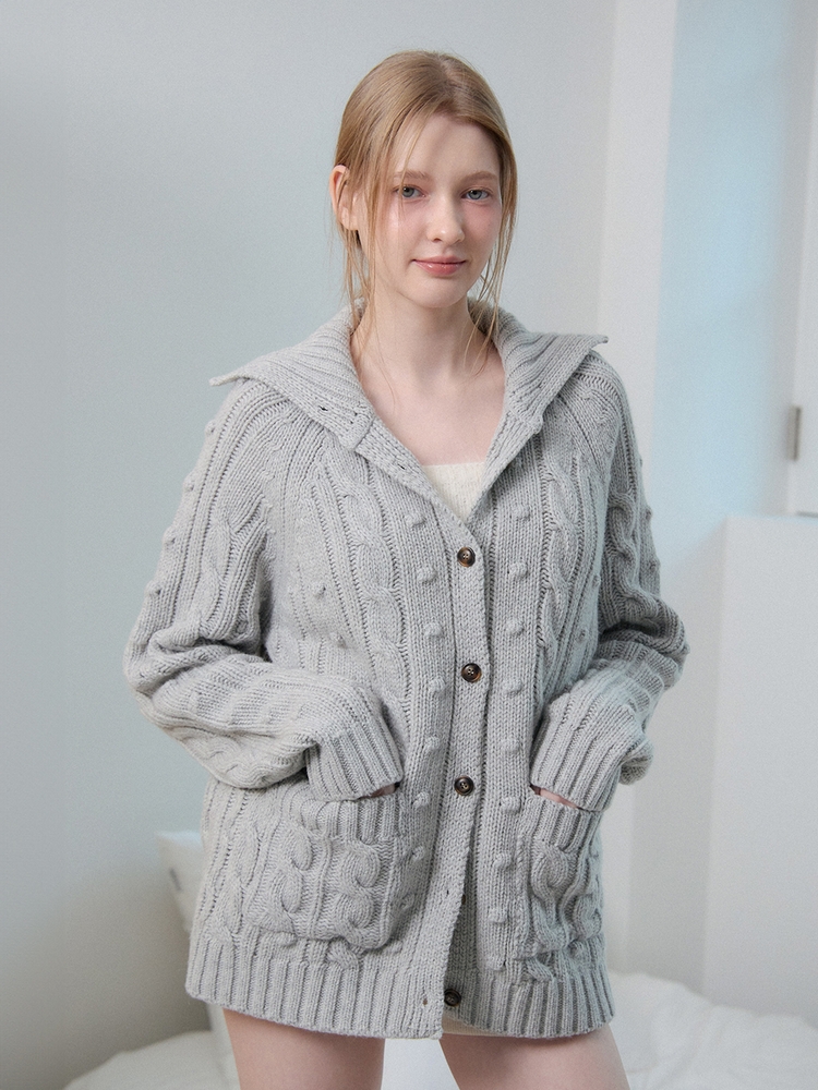 WOOL CABLE KNIT CARDIGAN_GREY