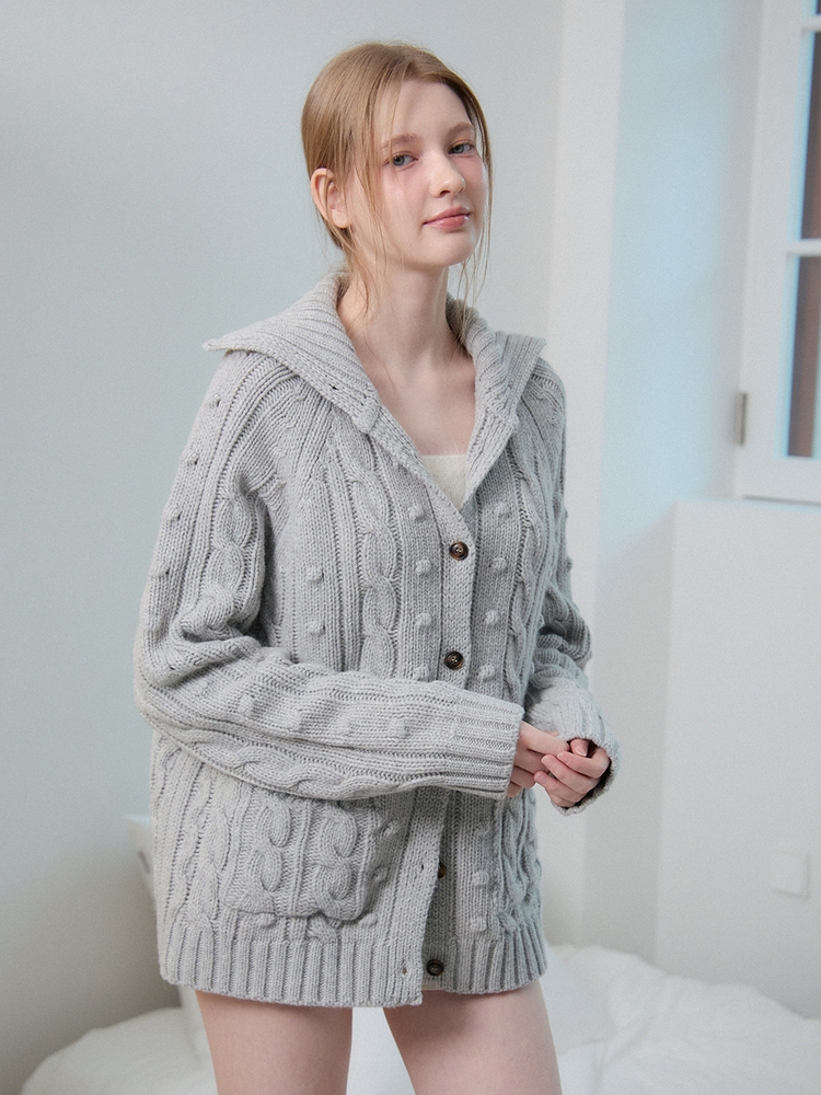 WOOL CABLE KNIT CARDIGAN_GREY