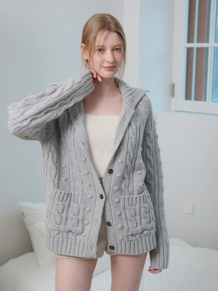 WOOL CABLE KNIT CARDIGAN_GREY