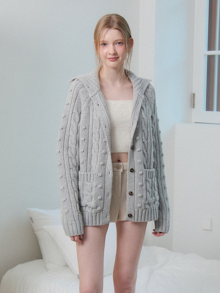 WOOL CABLE KNIT CARDIGAN_GREY