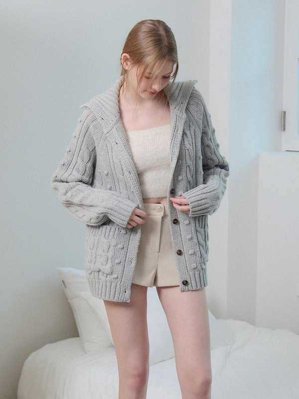 WOOL CABLE KNIT CARDIGAN_GREY