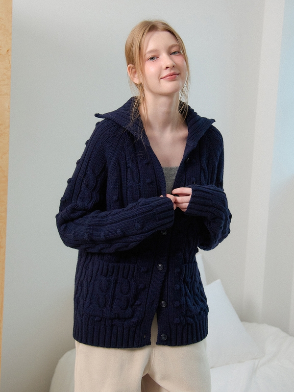 WOOL CABLE KNIT CARDIGAN_NAVY