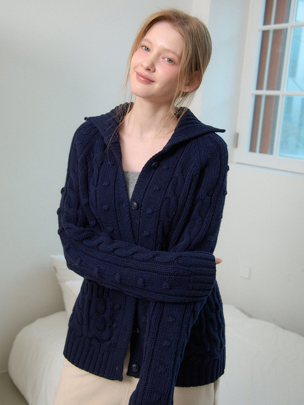 WOOL CABLE KNIT CARDIGAN_NAVY