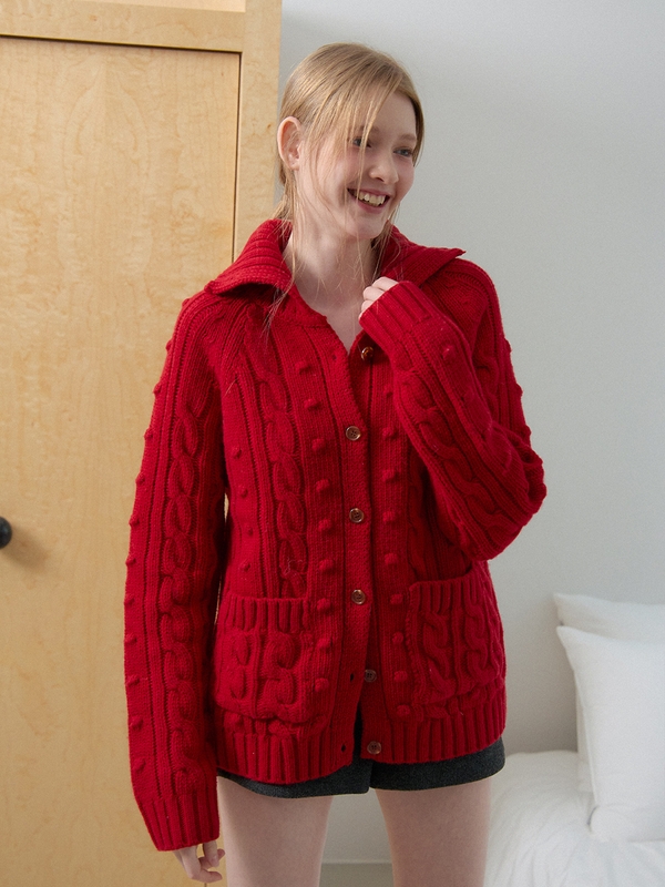 WOOL CABLE KNIT CARDIGAN_RED