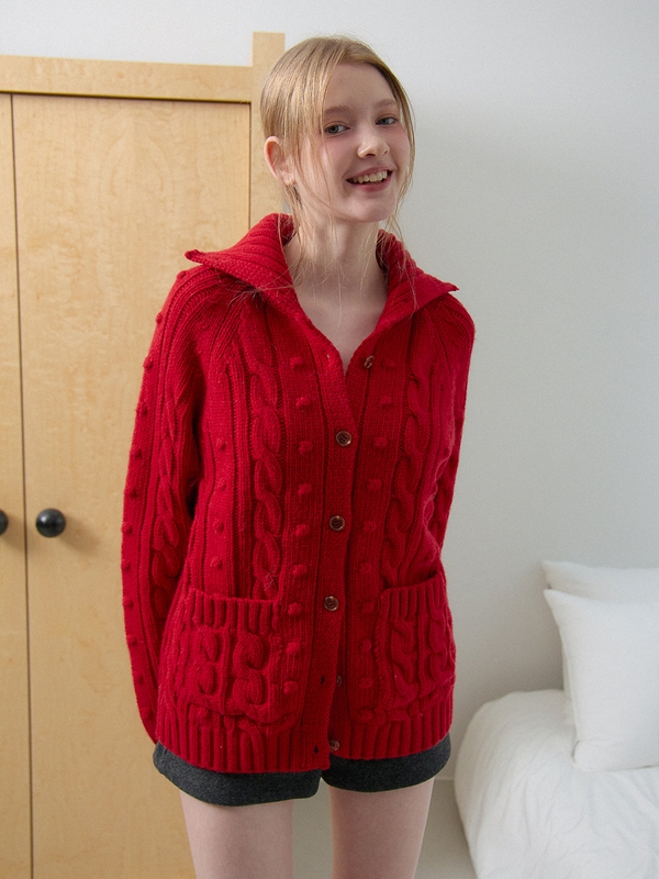 WOOL CABLE KNIT CARDIGAN_RED