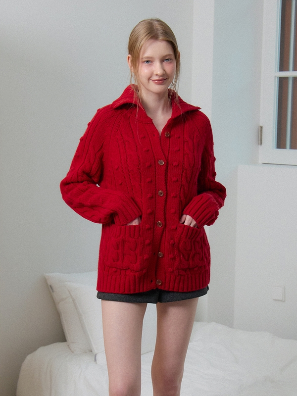 WOOL CABLE KNIT CARDIGAN_RED