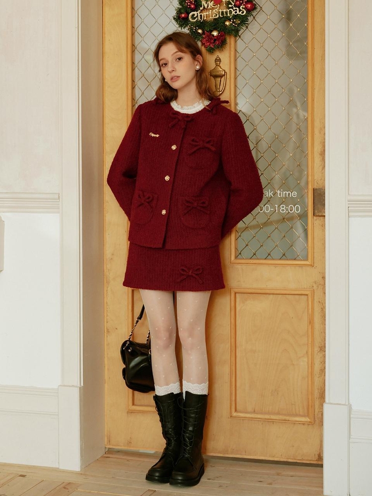 12/26예약배송_Cest_Holiday red ribbon wool skirt