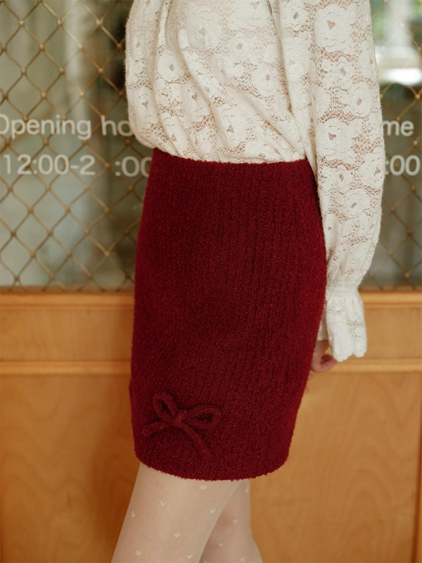 12/26예약배송_Cest_Holiday red ribbon wool skirt