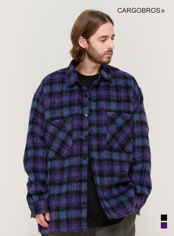 OVERSIZED WOOL CHECK SHIRT JACKET (PURPLE)