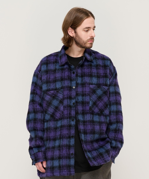 OVERSIZED WOOL CHECK SHIRT JACKET (PURPLE)