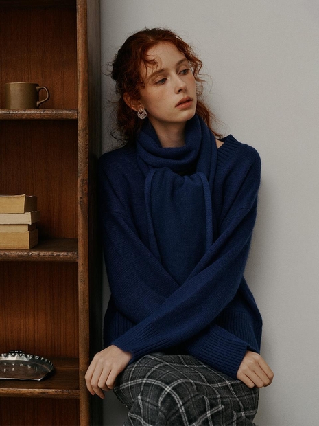 PM_Muffler v neck knit top_BLUE