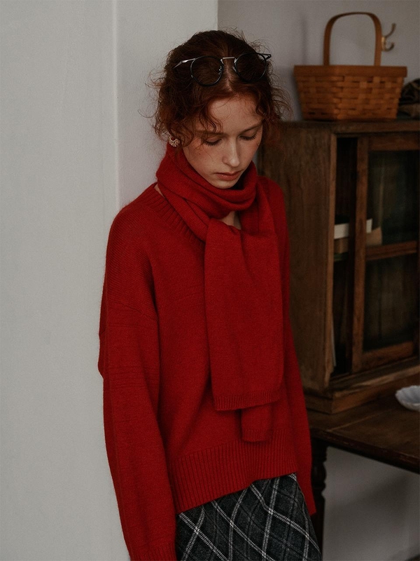 PM_Muffler v neck knit top_RED