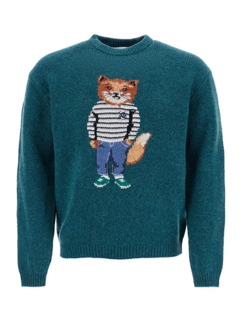 메종키츠네 FW24 green wool sweater with fox intarsia NM00809KH0002 PINE