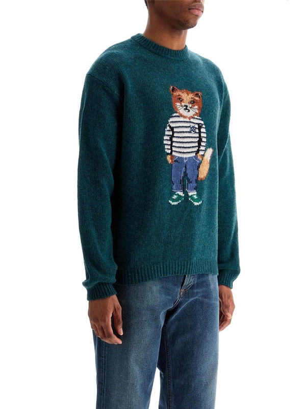 메종키츠네 FW24 green wool sweater with fox intarsia NM00809KH0002 PINE