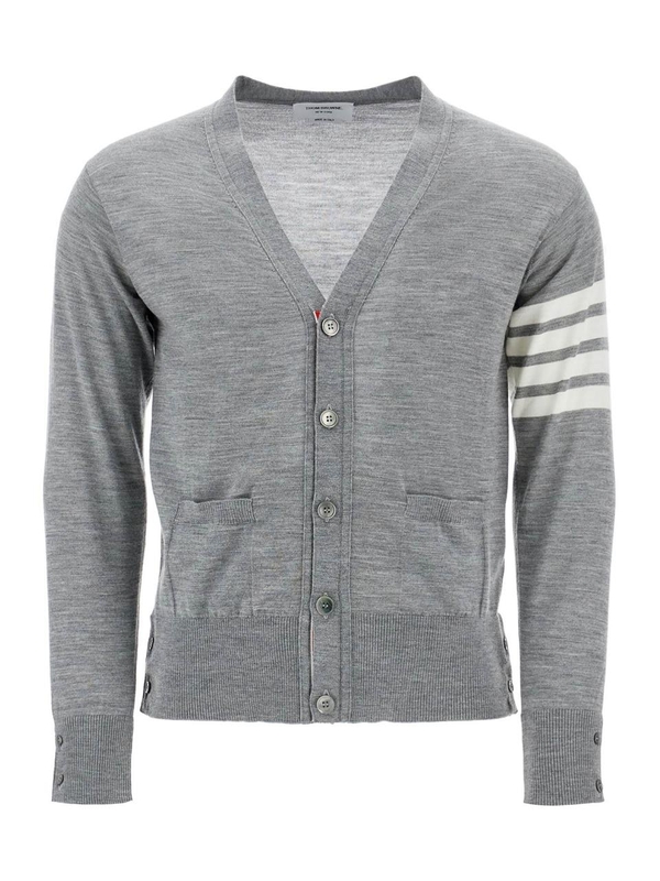 톰 브라운 SS25 mens cardigan in pale grey merino wool with 4 white stripes MKC002A Y1014 PALE GREY