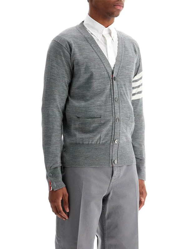 톰 브라운 SS25 mens cardigan in pale grey merino wool with 4 white stripes MKC002A Y1014 PALE GREY