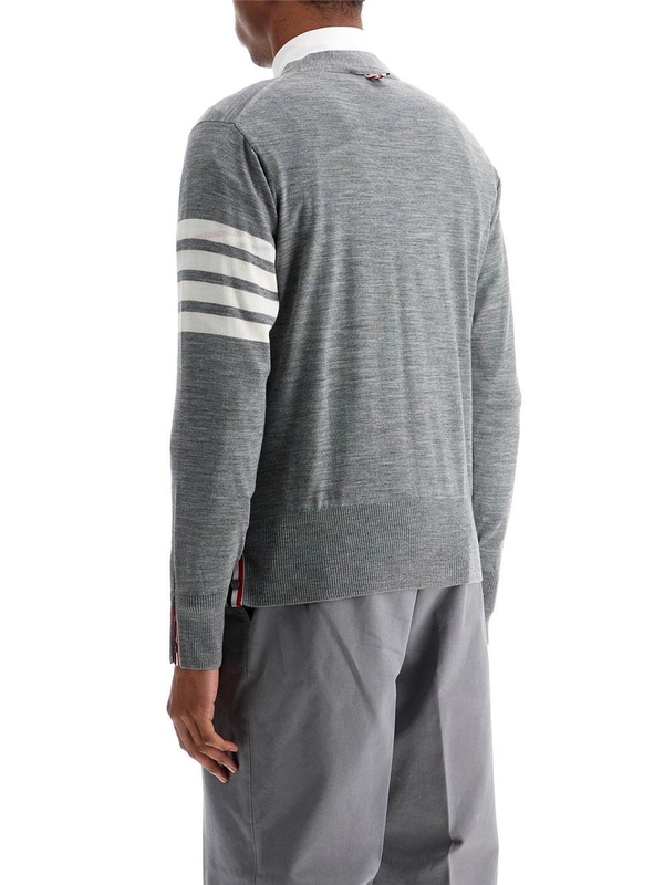 톰 브라운 SS25 mens cardigan in pale grey merino wool with 4 white stripes MKC002A Y1014 PALE GREY