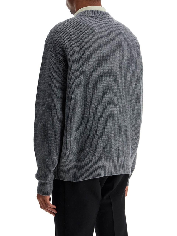 메종키츠네 FW24 gray melange wool sweater with embroidered fox logo LM00818KT1093 MEDIUM GREY MELANGE