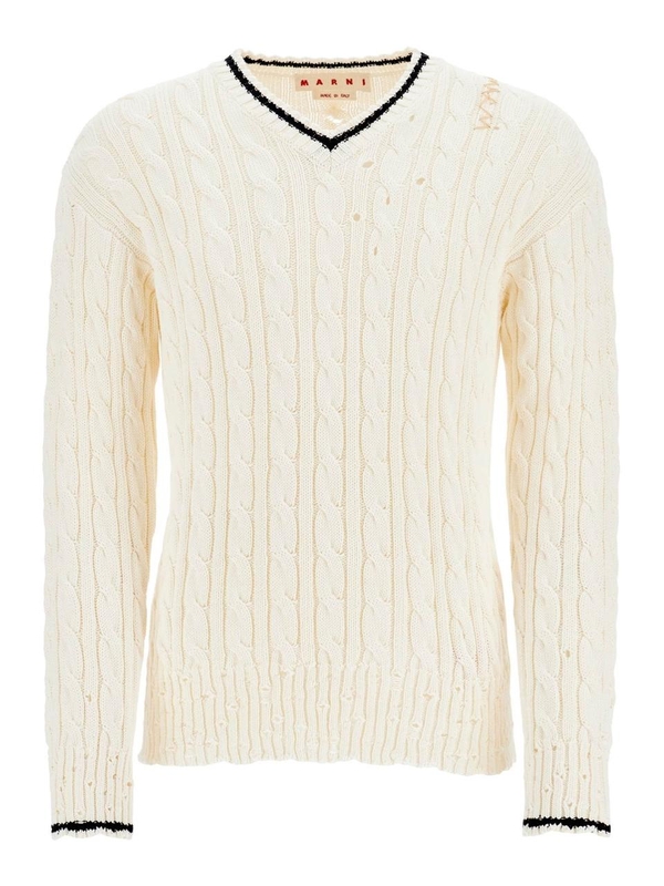 마르니 SS25 white cotton sweater with cable knit v-neck CVMG0137Q0UFC656 NATURAL WHITE