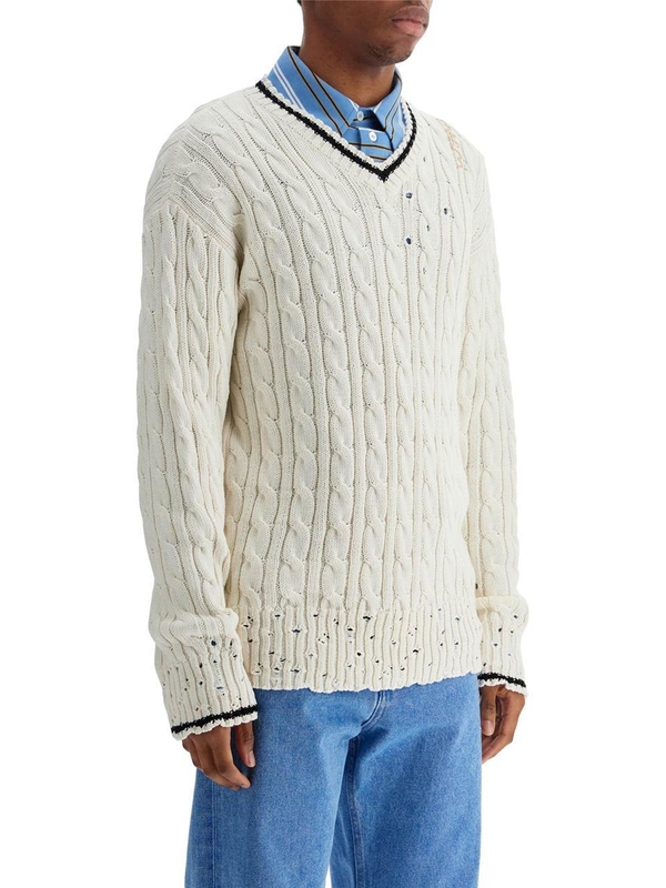 마르니 SS25 white cotton sweater with cable knit v-neck CVMG0137Q0UFC656 NATURAL WHITE