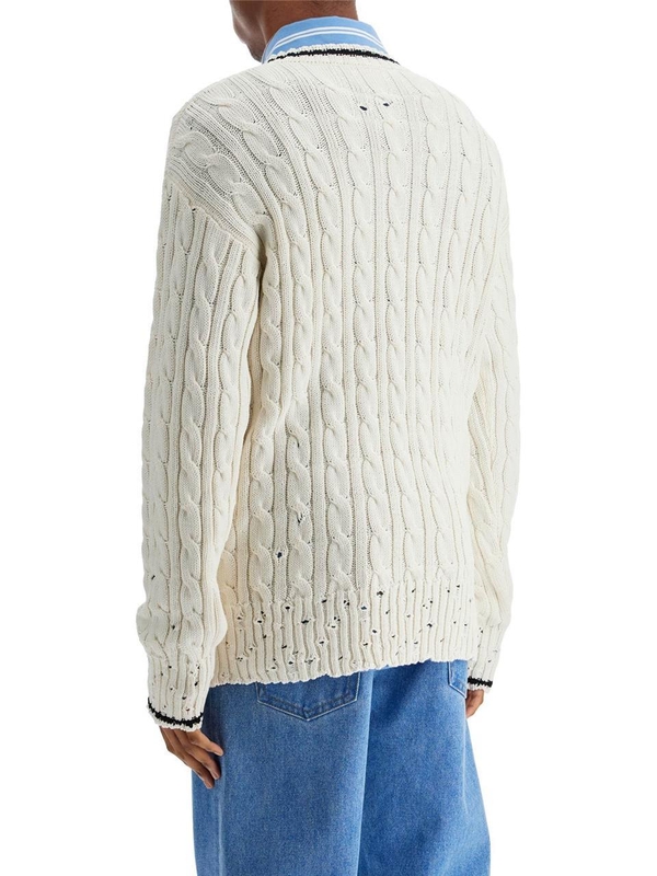 마르니 SS25 white cotton sweater with cable knit v-neck CVMG0137Q0UFC656 NATURAL WHITE