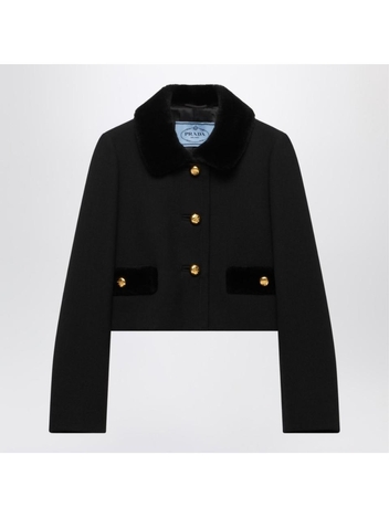 프라다 SS25 Prada Short black wool jacket with fur details P539PPOOO155H Black