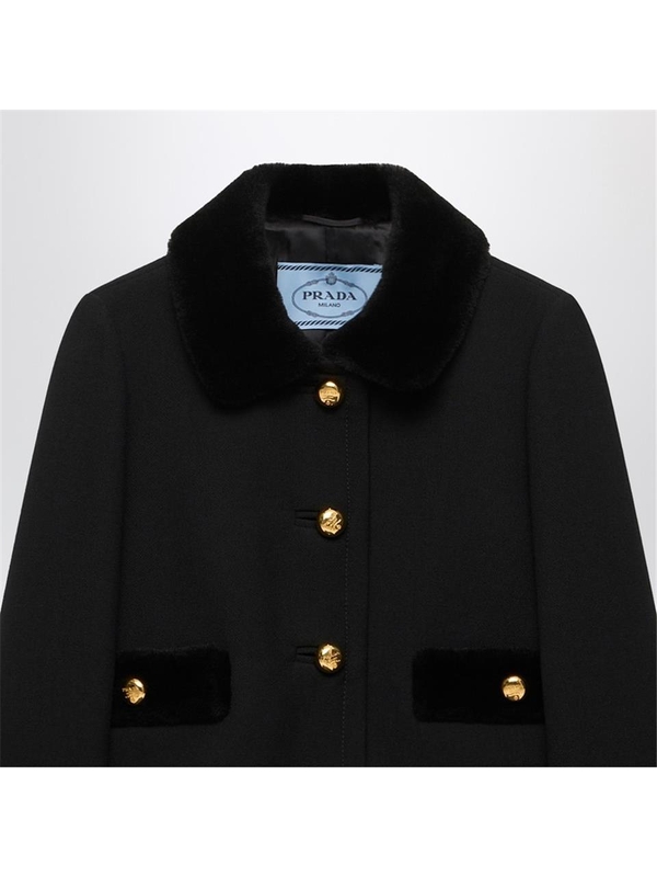 프라다 SS25 Prada Short black wool jacket with fur details P539PPOOO155H Black