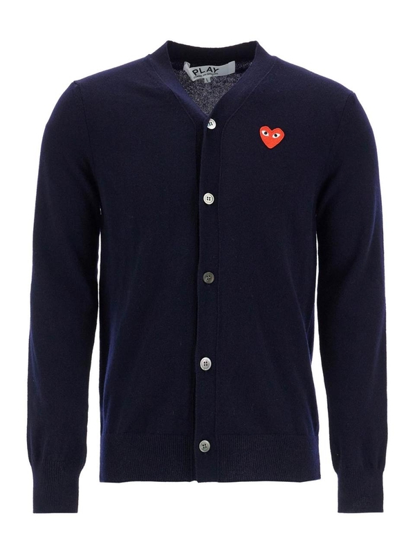 꼼데가르송 SS25 navy blue wool cardigan with embroidered red heart unisex AX N008 051 NAVY